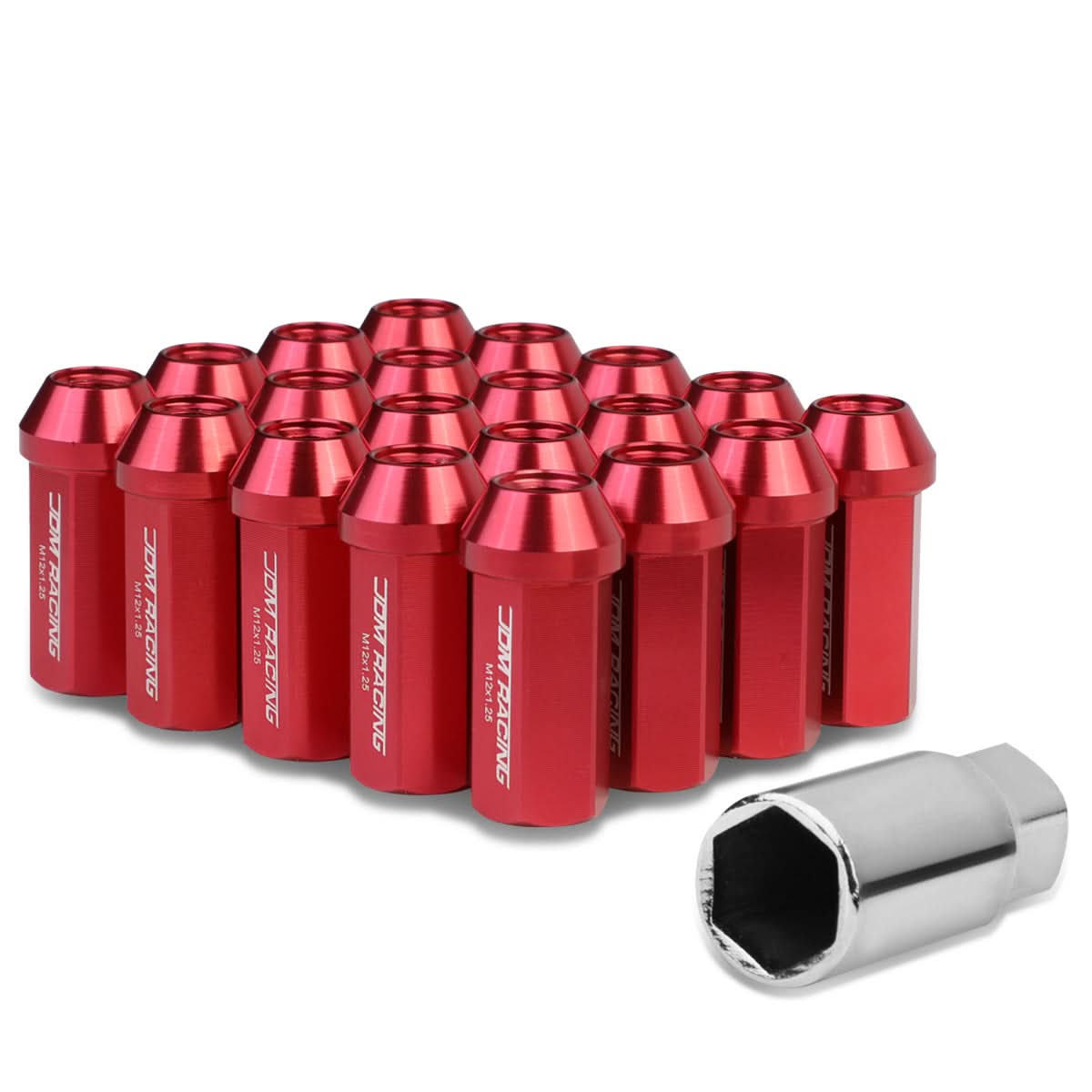 M12 x 1.25 Extended Acorn Lug Nuts 20pc Set - Aluminum Red