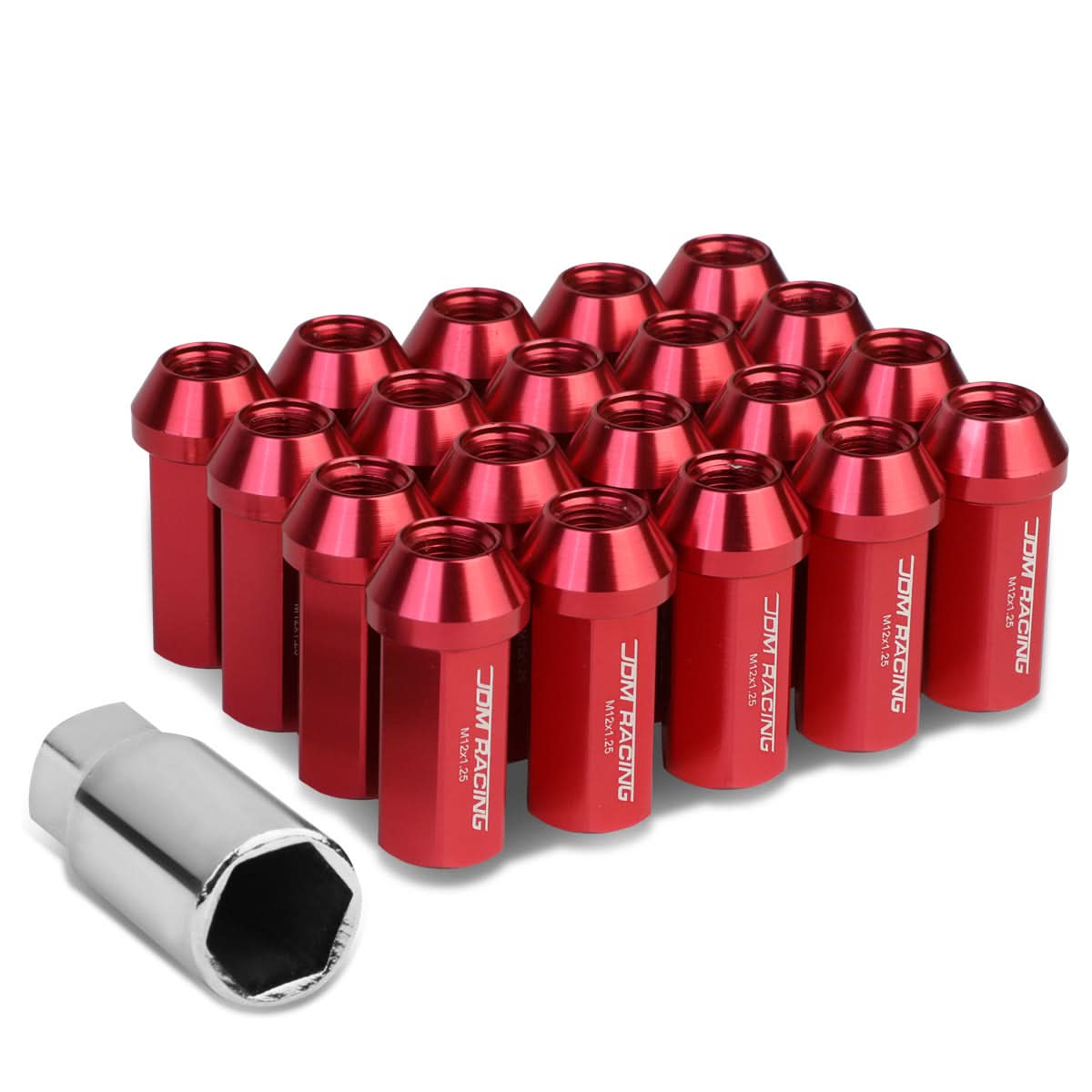 M12 x 1.25 Extended Acorn Lug Nuts 20pc Set - Aluminum Red