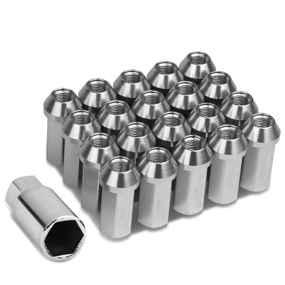 Aluminum Lug Nuts M12 x 1.25 Acorn Extended 50mm 20pc w/ Adapter Silver