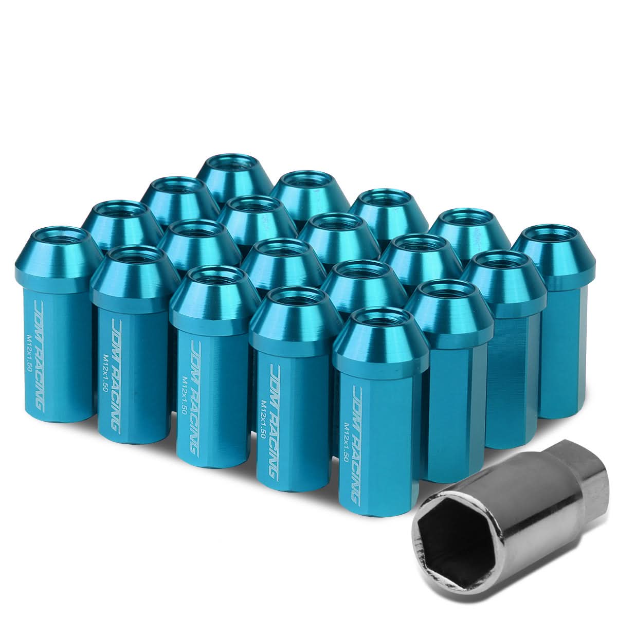 M12 x 1.5 Aluminum Acorn Lug Nuts 50mm Extended Closed End Light Blue 20pc