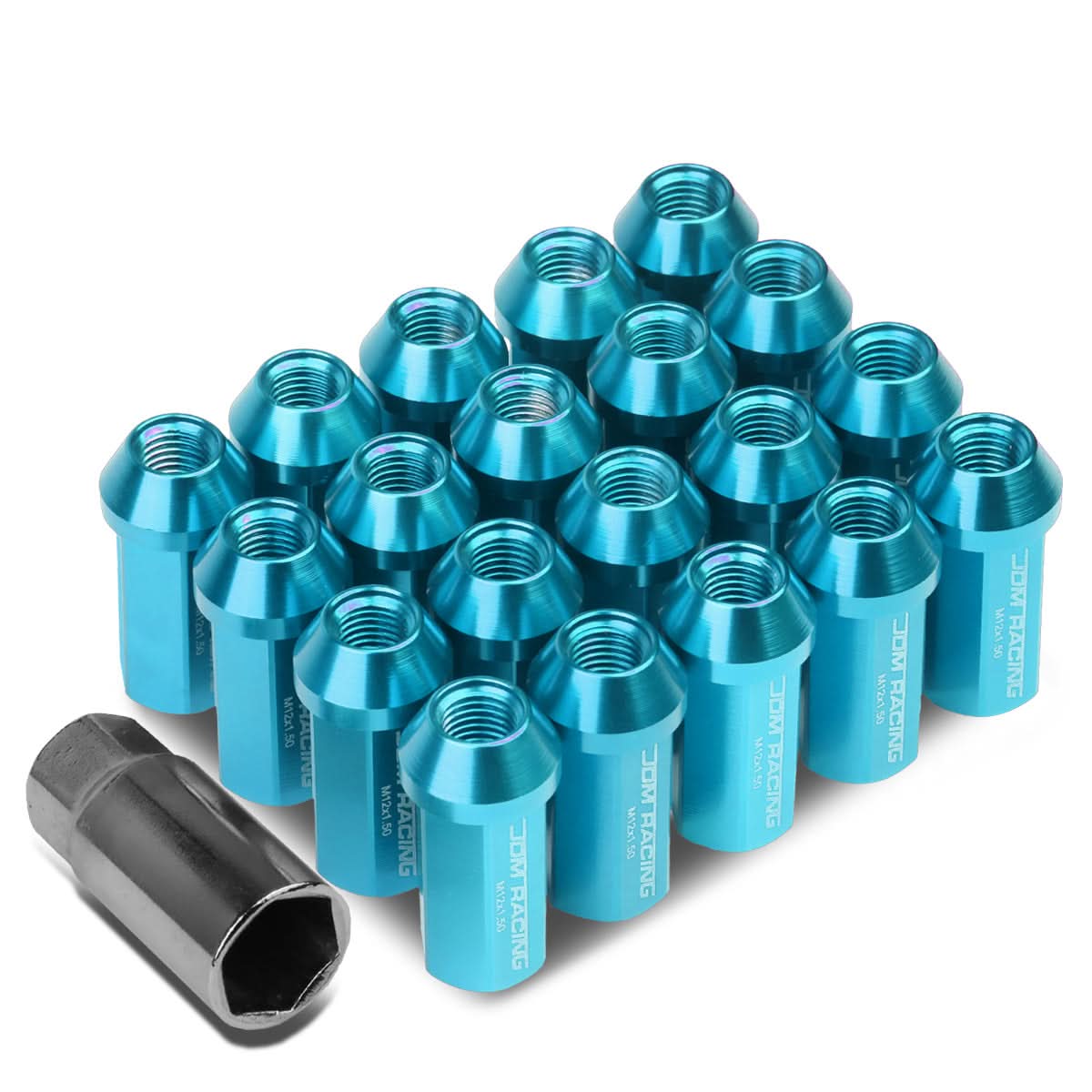 M12 x 1.5 Aluminum Acorn Lug Nuts 50mm Extended Closed End Light Blue 20pc
