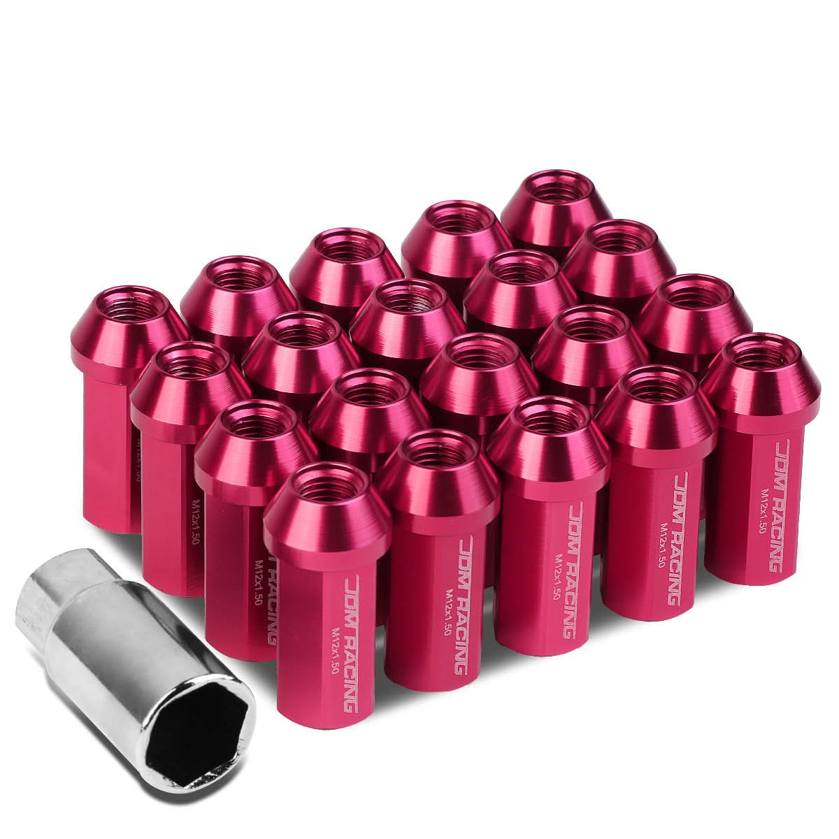 M12 x 1.5 Extended Acorn Lug Nuts 50mm Pink Aluminum 20pc Set