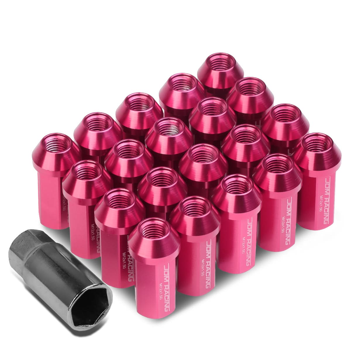 M12 x 1.5 Extended Acorn Lug Nuts 50mm Pink Aluminum 20pc Set