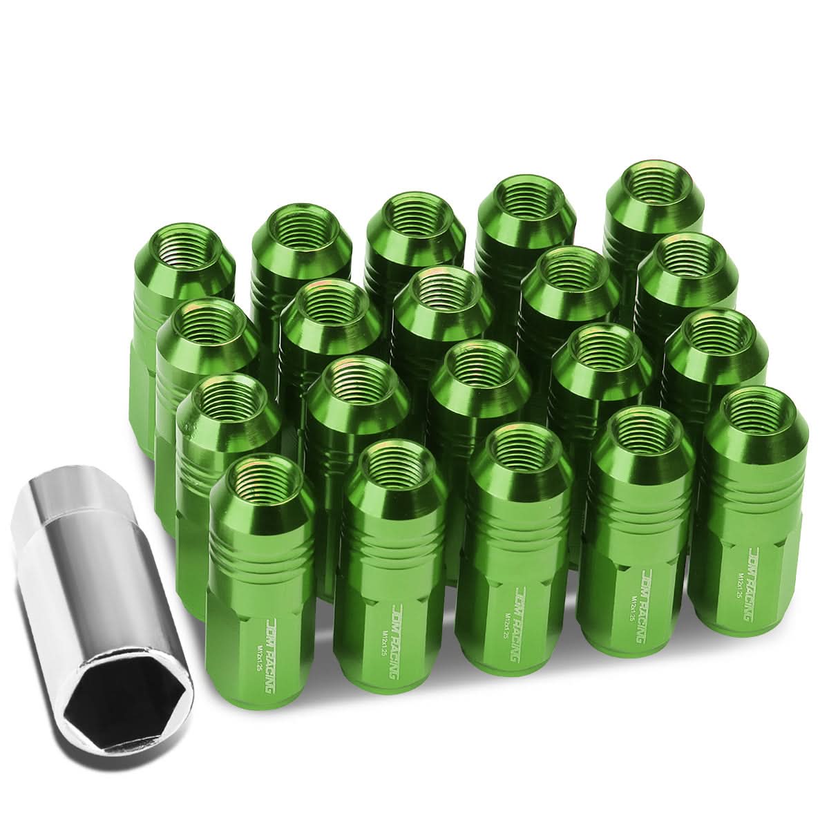M12 x 1.25 Extended Closed End Lug Nuts 20pc Set Aluminum Green