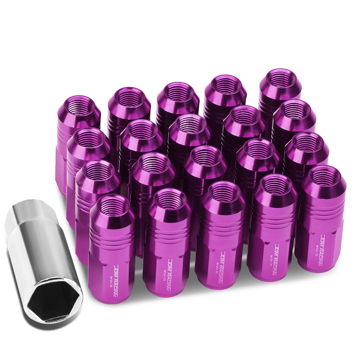 M12 x 1.25 Extended Closed End Lug Nuts 50mm Purple Aluminum 20pc