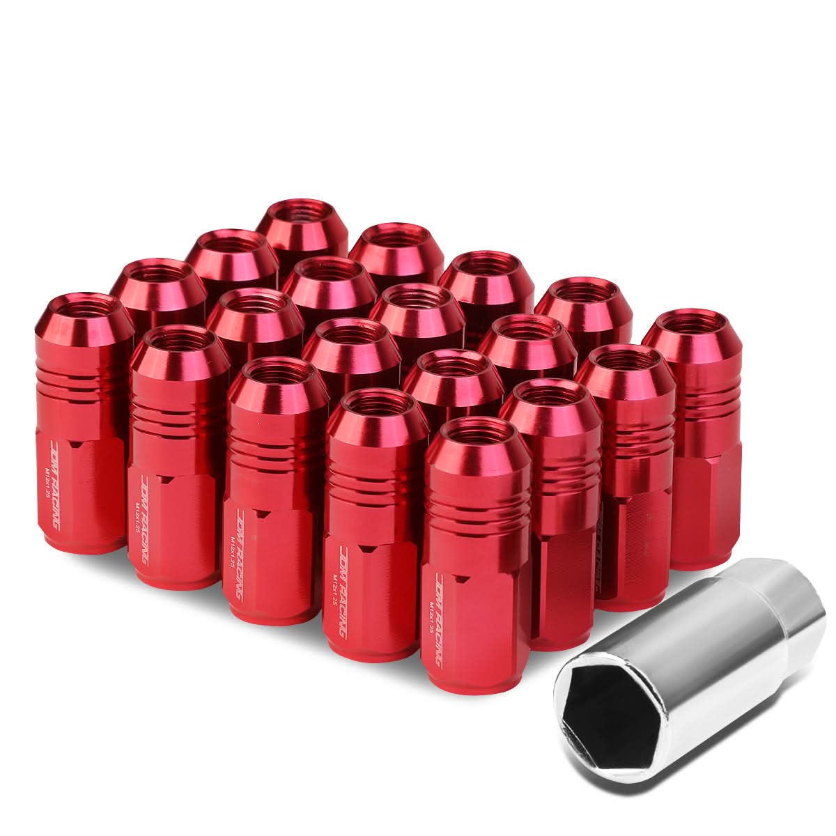 M12 x 1.25 Extended Grooved Shank Lug Nuts 50mm Red Aluminum 20pc