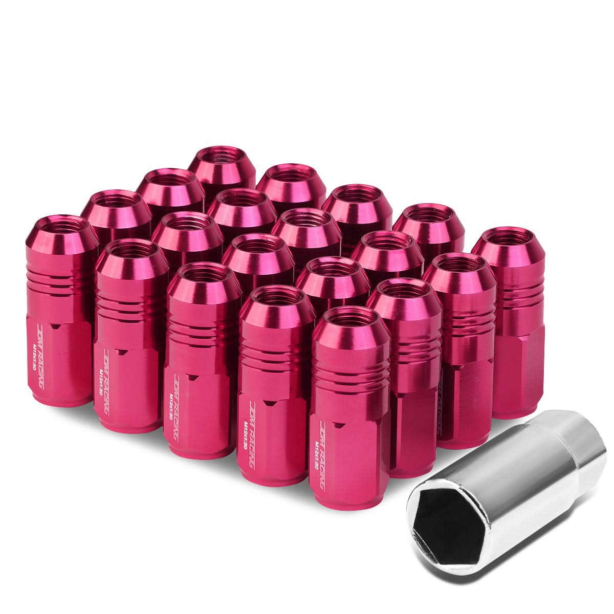 M12 x 1.5 Extended Closed End Lug Nuts 50mm Pink Aluminum 20pc Set