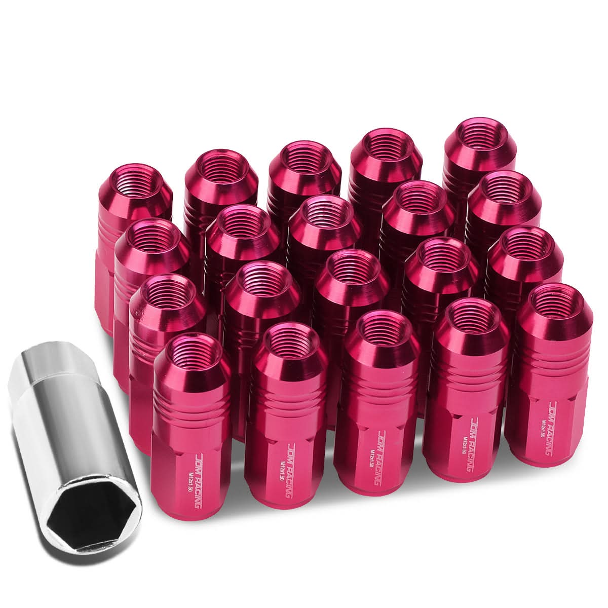 M12 x 1.5 Extended Closed End Lug Nuts 50mm Pink Aluminum 20pc Set