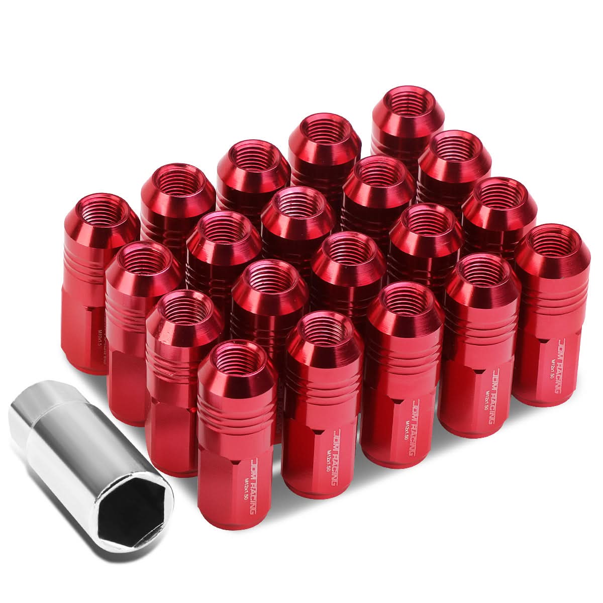 M12x1.5 Aluminum Grooved Shank Lug Nuts - Extended Closed End Red