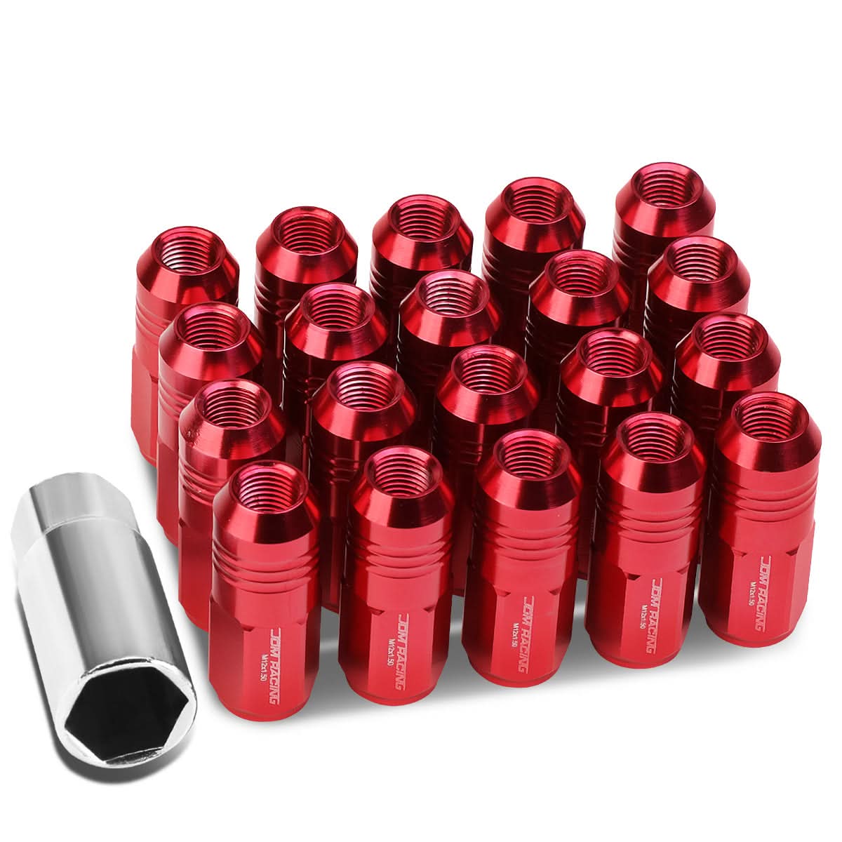 M12x1.5 Aluminum Grooved Shank Lug Nuts - Extended Closed End Red