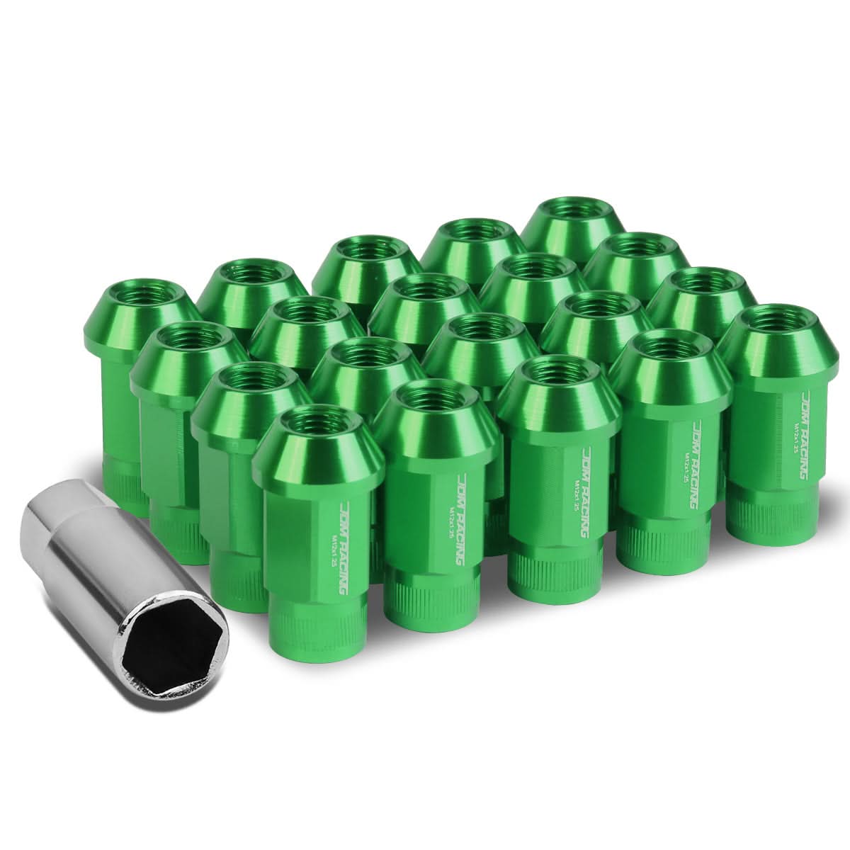 M12x1.25 Aluminum Lug Nuts - 44mm Extended Acorn Style - Green 20pc