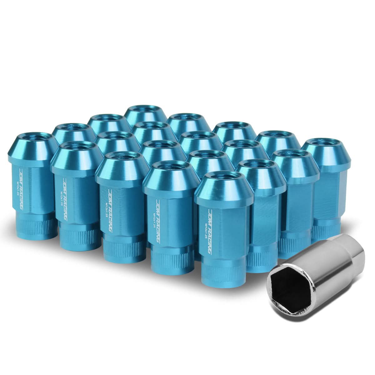 M12x1.25 Aluminum Lug Nuts - Acorn Knurled Extended 20pc Light Blue