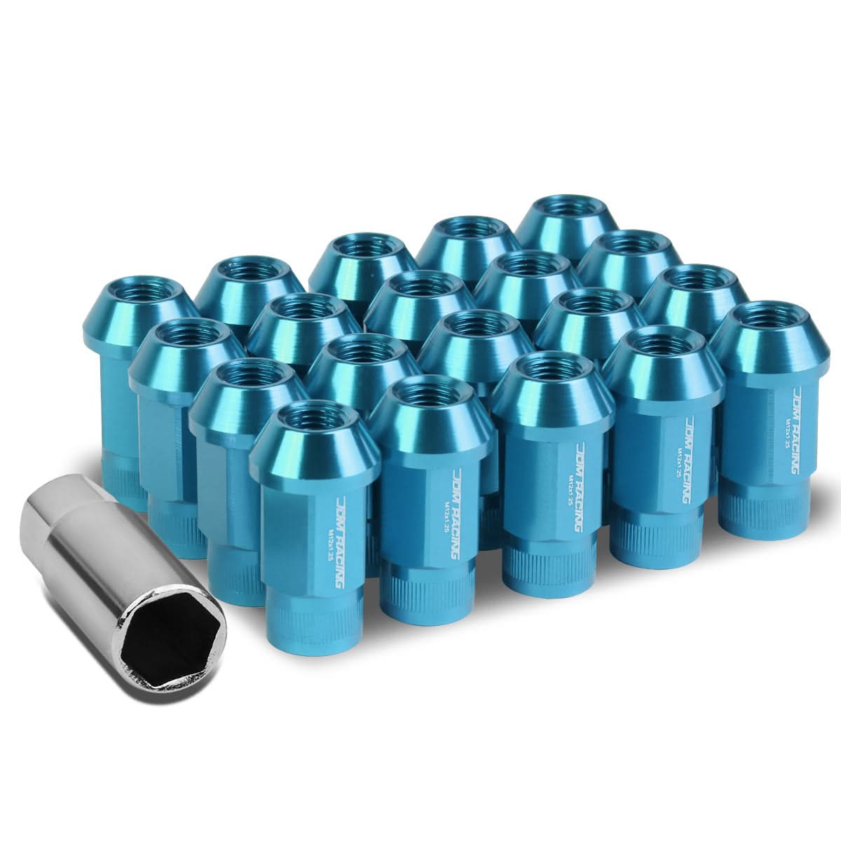 M12x1.25 Aluminum Lug Nuts - Acorn Knurled Extended 20pc Light Blue