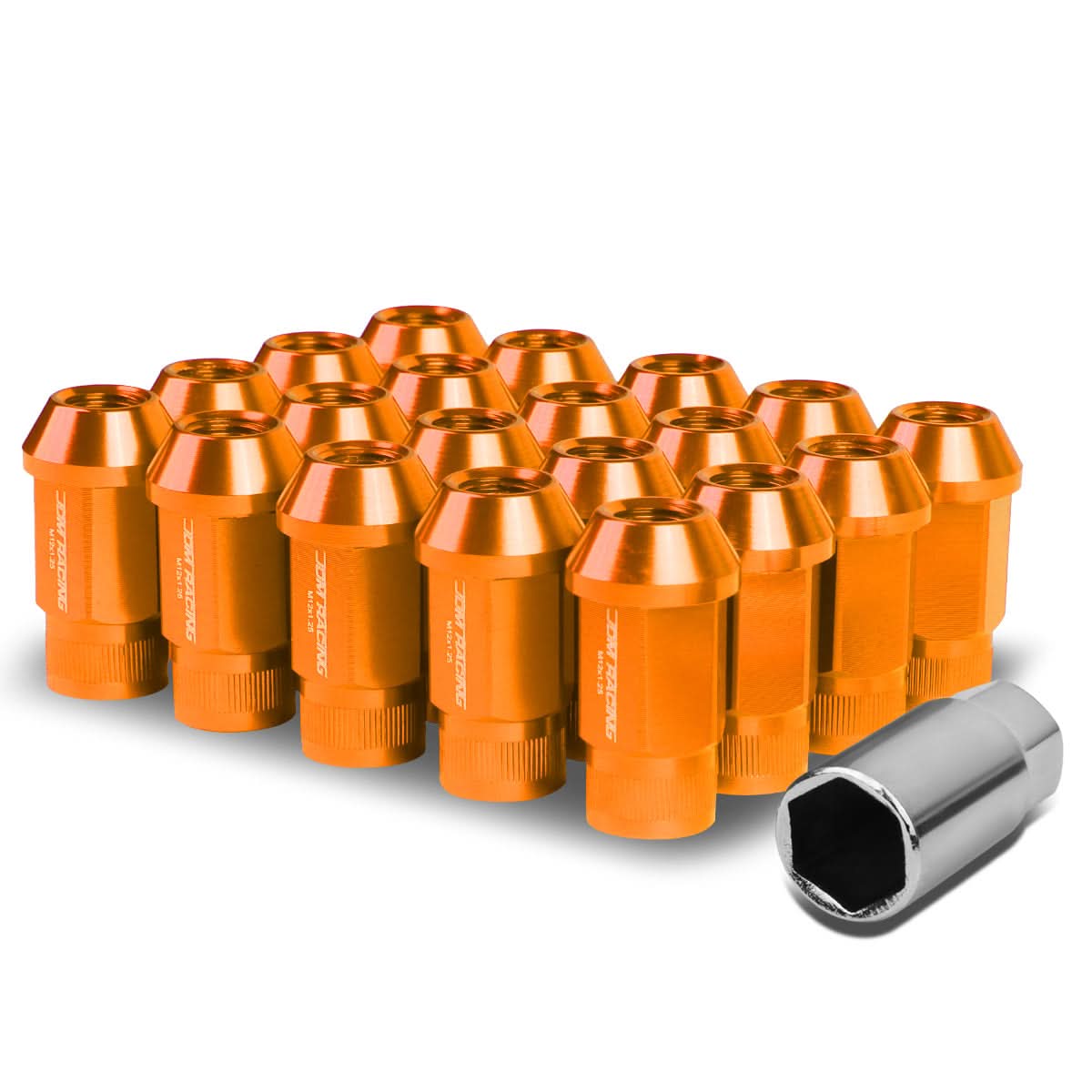 M12x1.25 Aluminum Lug Nuts - Acorn Knurled Extended Orange 20pc