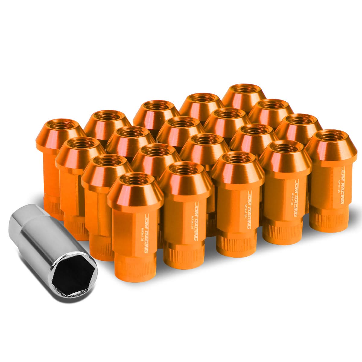 M12x1.25 Aluminum Lug Nuts - Acorn Knurled Extended Orange 20pc