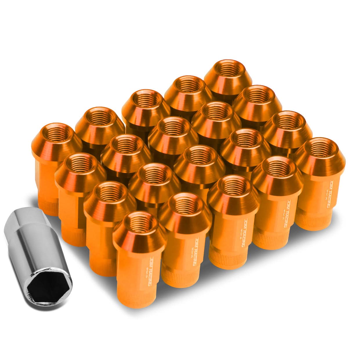 M12x1.25 Aluminum Lug Nuts - Acorn Knurled Extended Orange 20pc