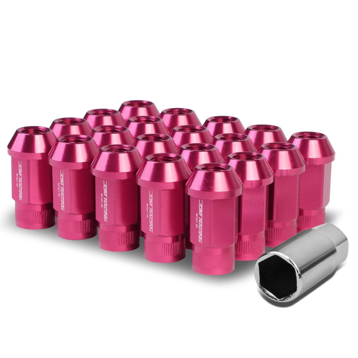 M12x1.25 Aluminum Lug Nuts - 44mm Extended Acorn Knurled - Pink 20pc