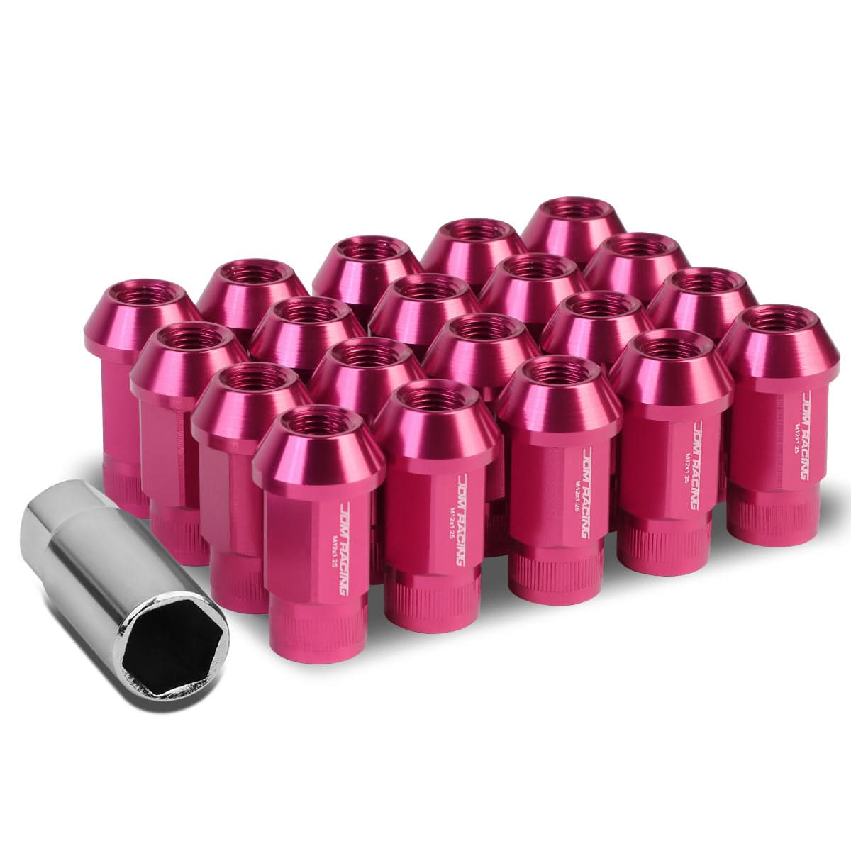 M12x1.25 Aluminum Lug Nuts - 44mm Extended Acorn Knurled - Pink 20pc