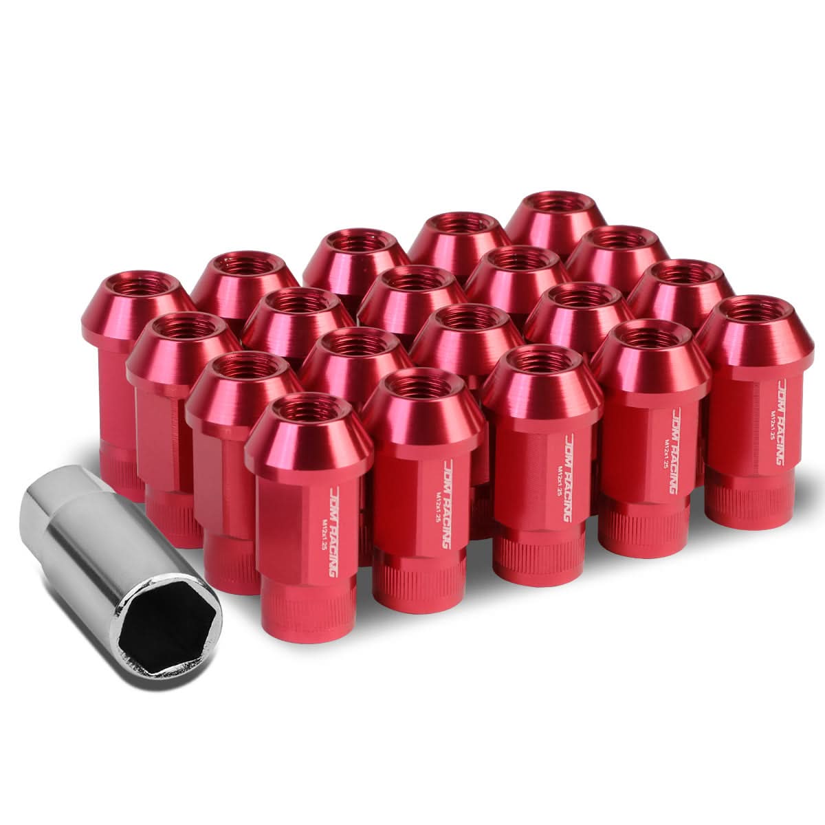 M12x1.25 Extended Acorn Knurled Lug Nuts 44mm Aluminum Red 20pc