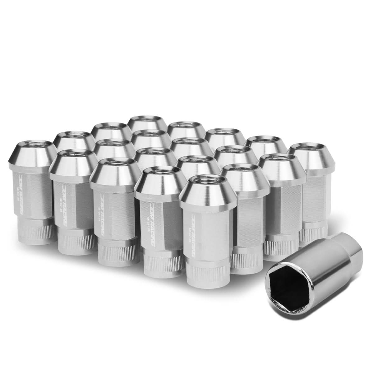 M12x1.25 Aluminum Lug Nuts - Acorn Knurled Extended 44mm 20pc Silver