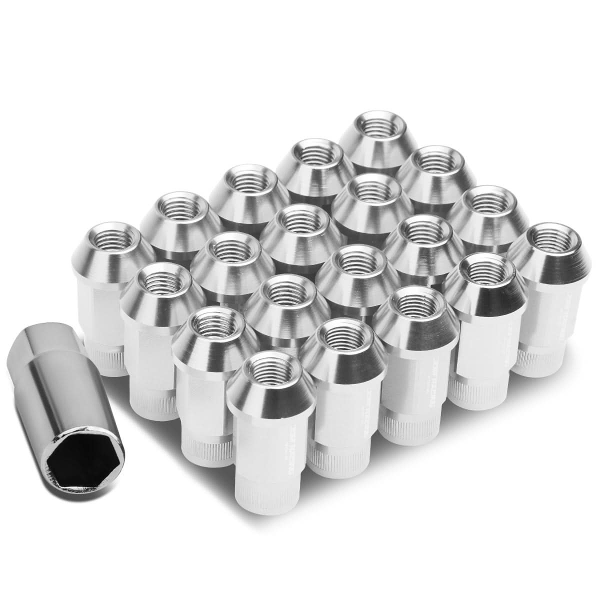 M12x1.25 Aluminum Lug Nuts - Acorn Knurled Extended 44mm 20pc Silver