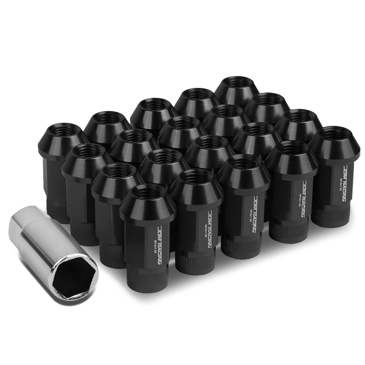 M12x1.5 Aluminum Lug Nuts - Extended Acorn Style - Black - 20pc Set