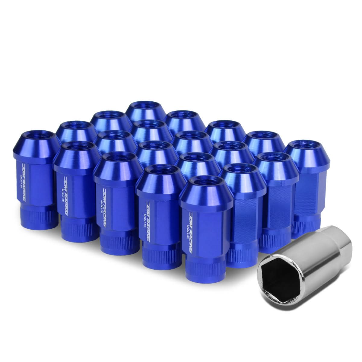 M12x1.5 Aluminum Lug Nuts - 44mm Acorn Knurled Extended - Blue 20pc
