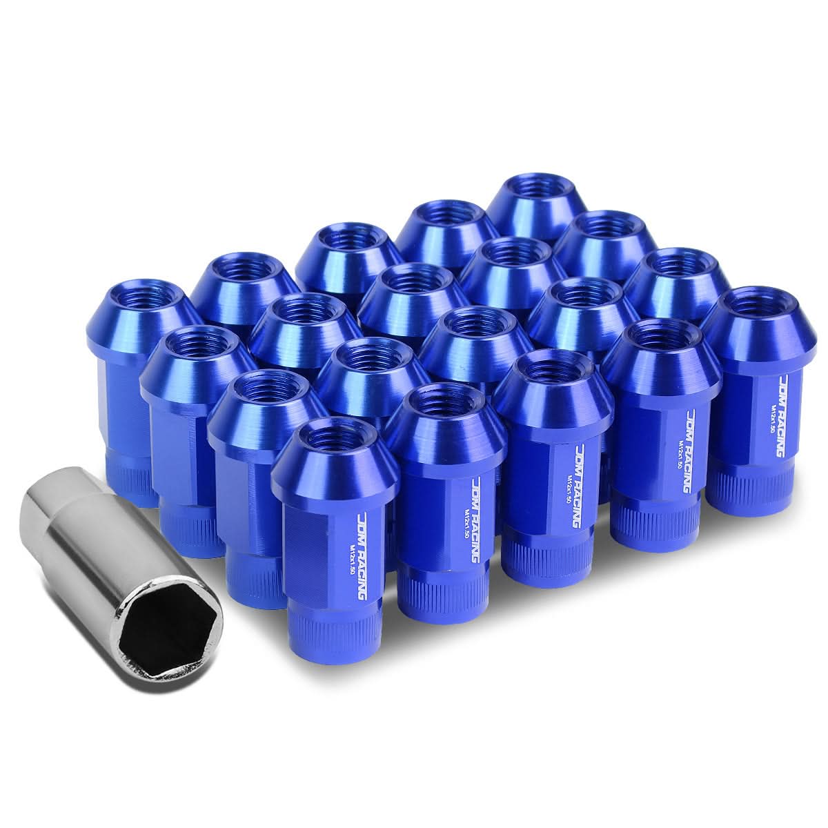 M12x1.5 Aluminum Lug Nuts - 44mm Acorn Knurled Extended - Blue 20pc