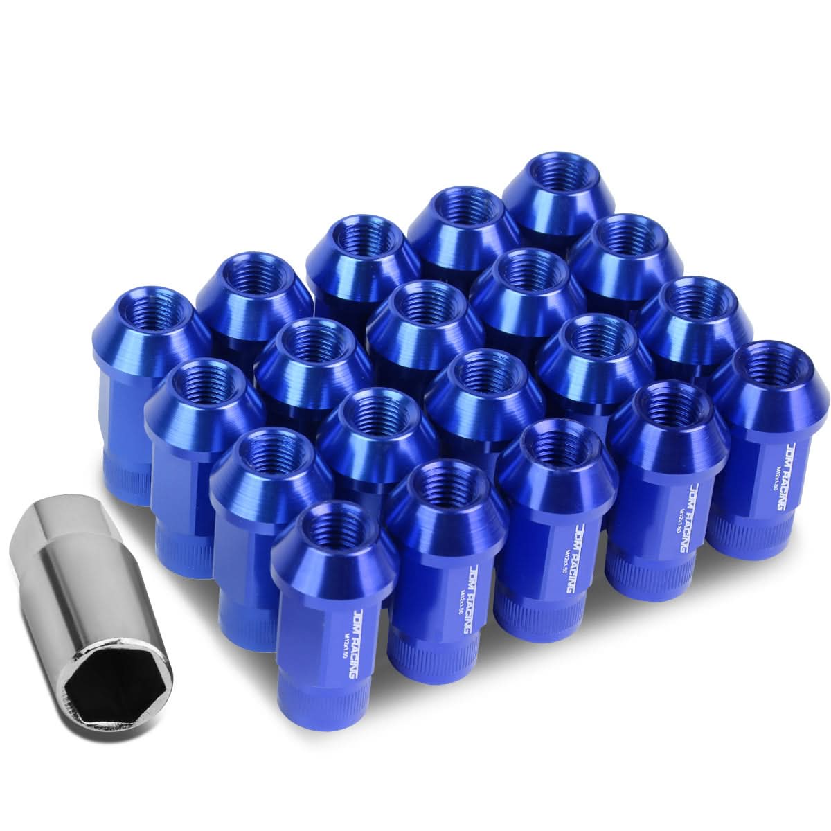 M12x1.5 Aluminum Lug Nuts - 44mm Acorn Knurled Extended - Blue 20pc