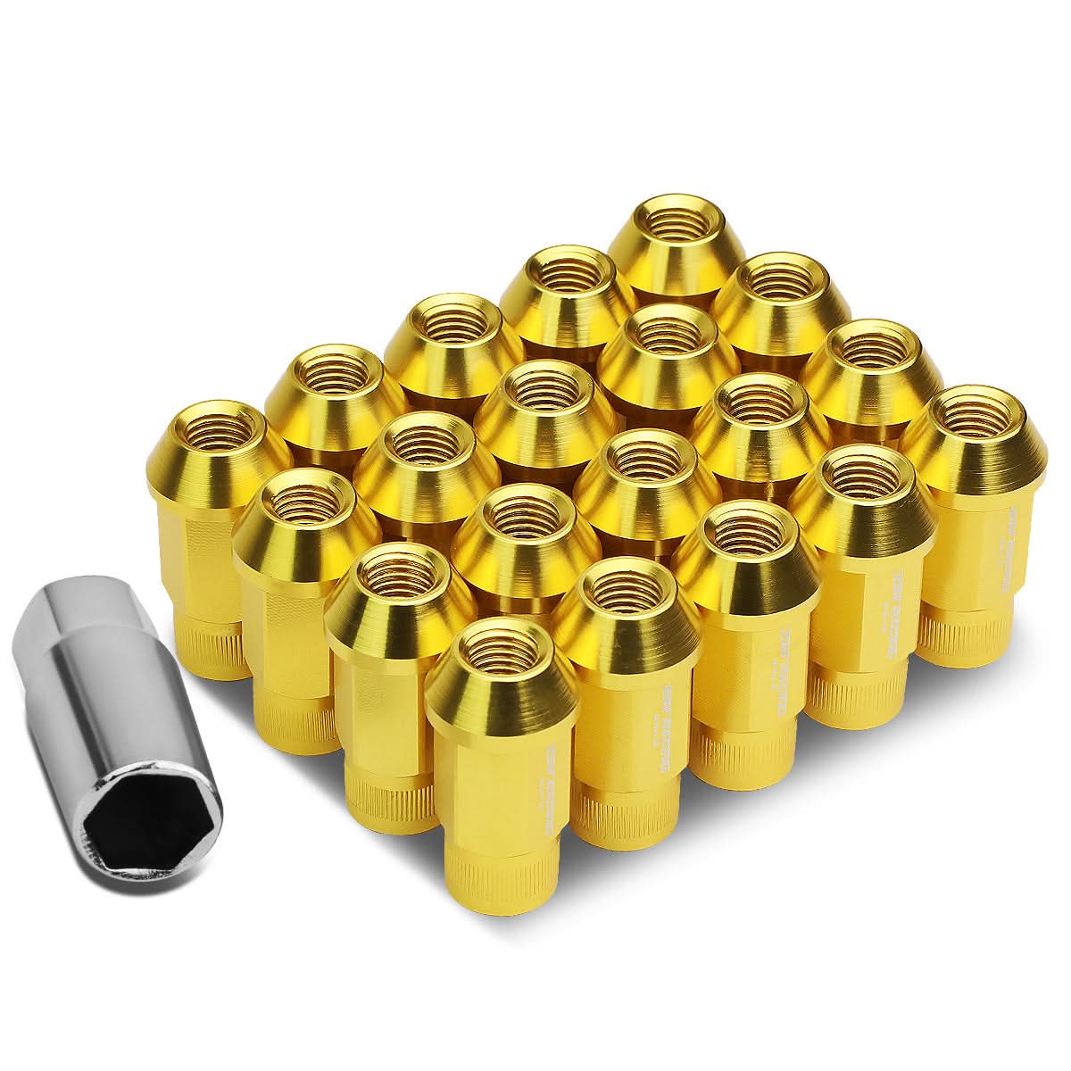 M12x1.5 Aluminum Lug Nuts - Acorn Knurled Extended Open End 20pc Gold