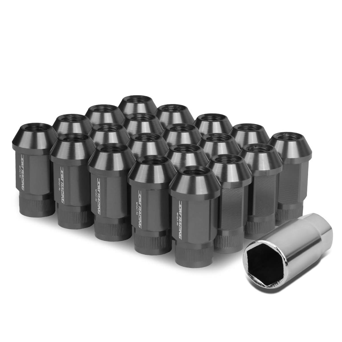 M12x1.5 Aluminum Lug Nuts - Acorn Knurled Extended 44mm 20pc Gun Metal