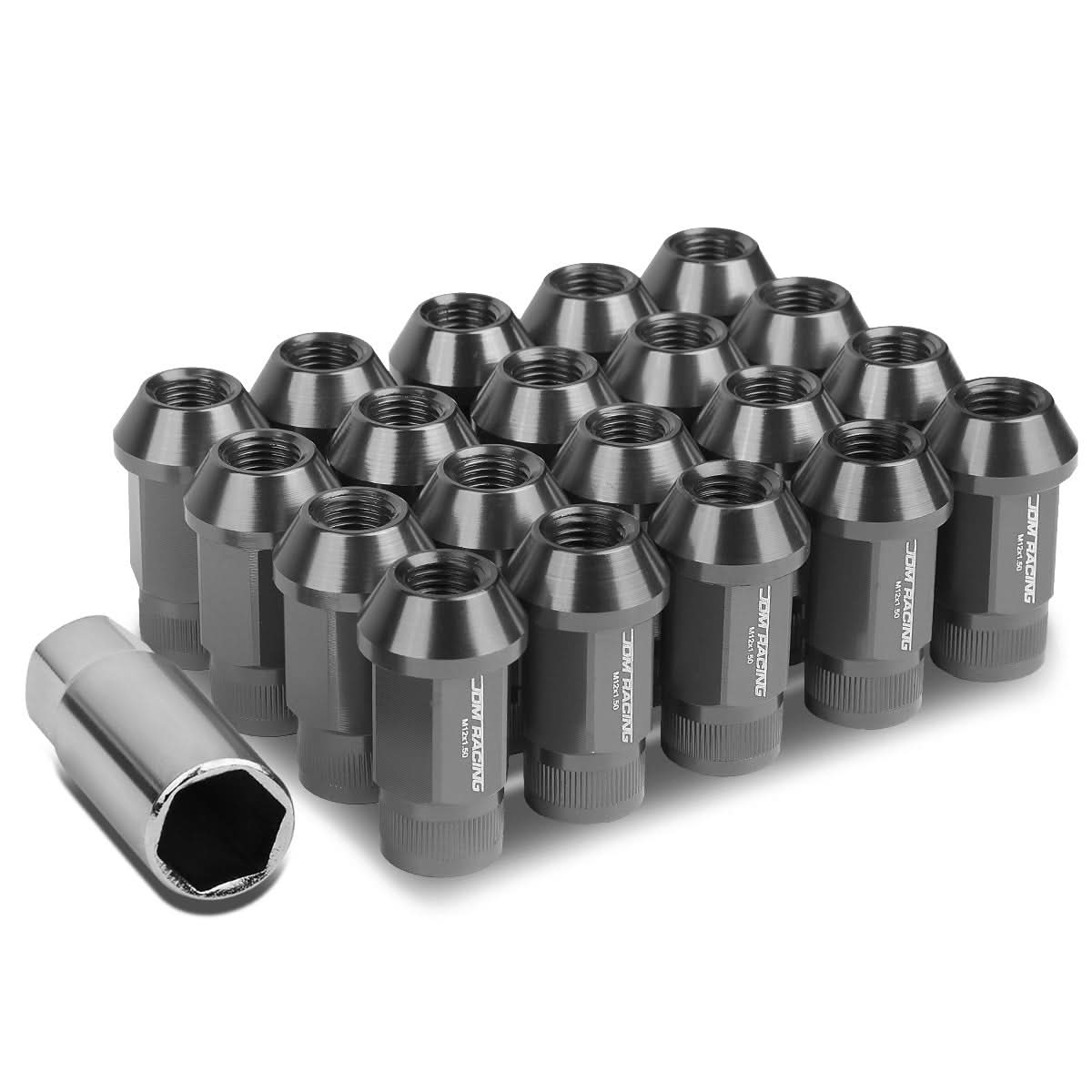 M12x1.5 Aluminum Lug Nuts - Acorn Knurled Extended 44mm 20pc Gun Metal