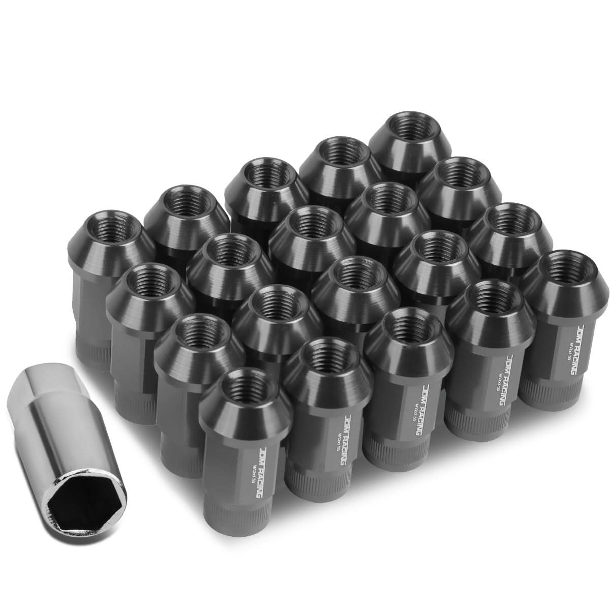 M12x1.5 Aluminum Lug Nuts - Acorn Knurled Extended 44mm 20pc Gun Metal