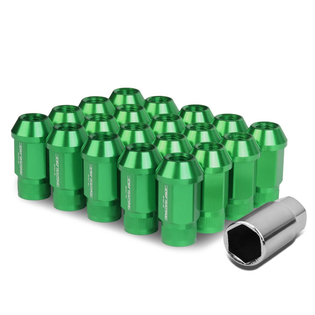 M12x1.5 Aluminum Lug Nuts - 44mm Acorn Knurled Extended Green 20pc