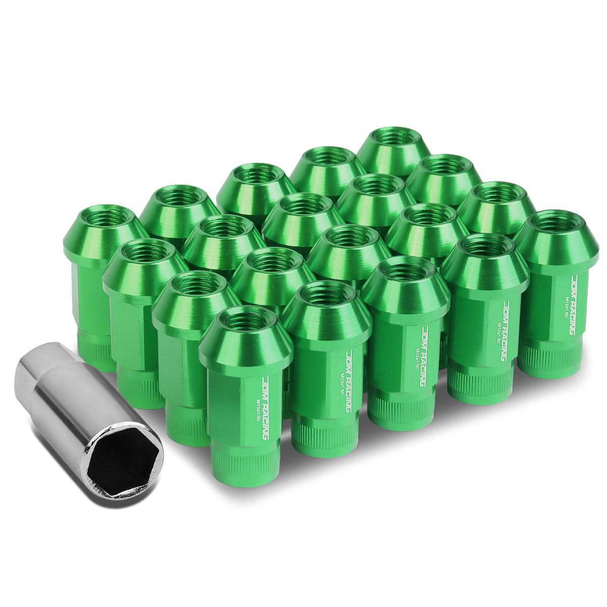 M12x1.5 Aluminum Lug Nuts - 44mm Acorn Knurled Extended Green 20pc