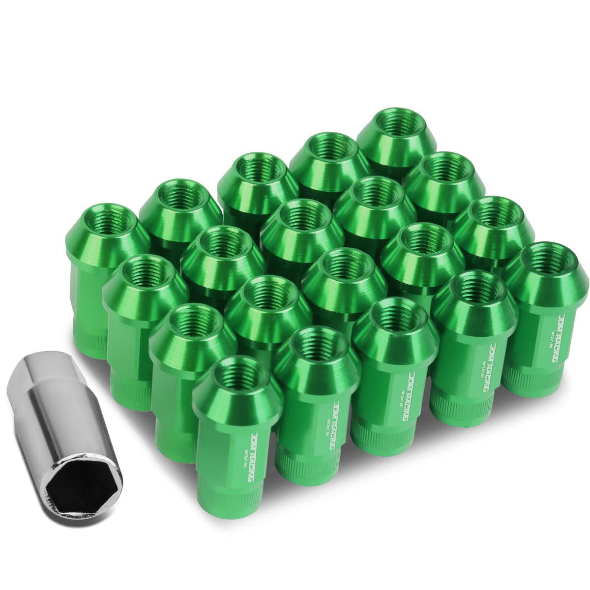 M12x1.5 Aluminum Lug Nuts - 44mm Acorn Knurled Extended Green 20pc