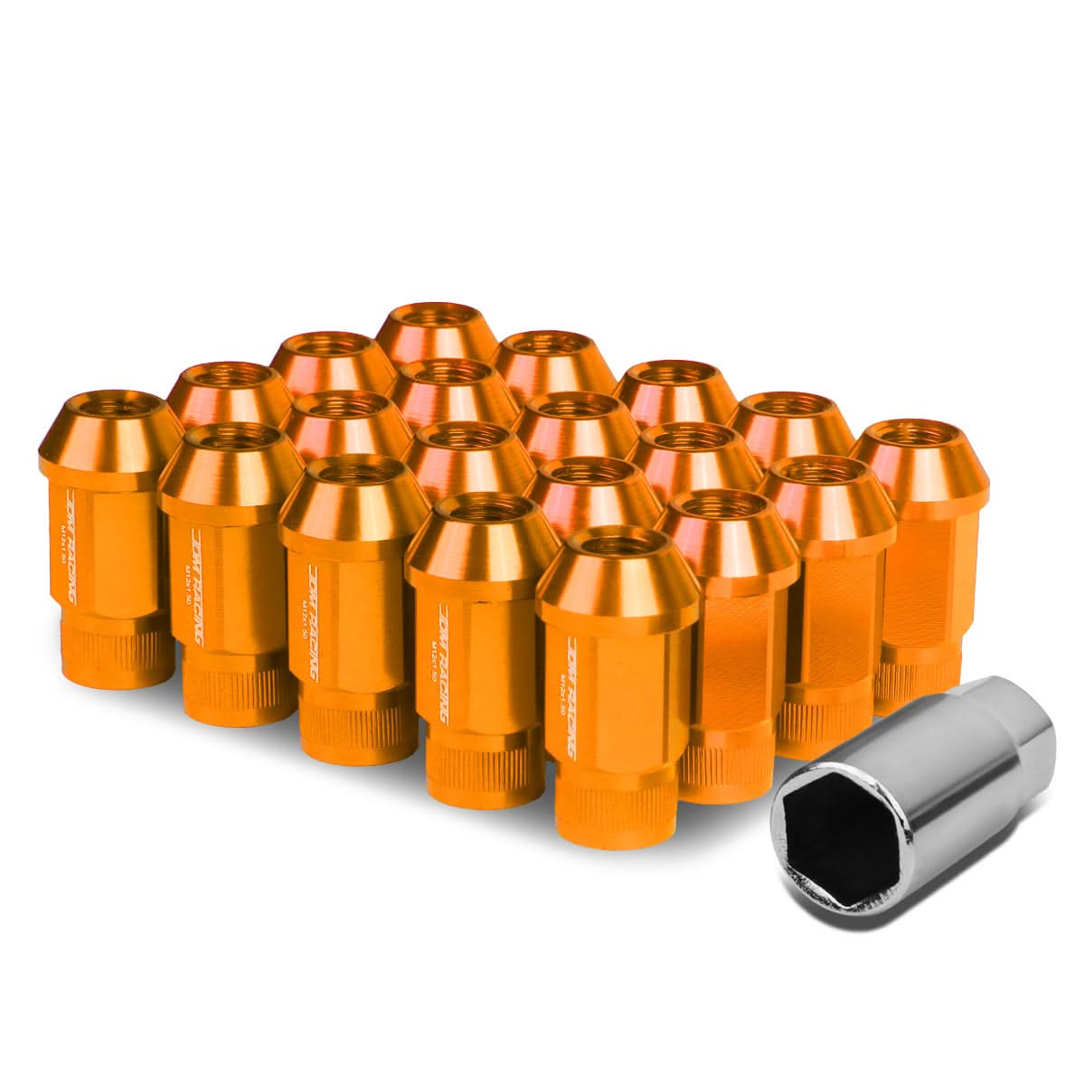 M12x1.5 Aluminum Lug Nuts - 44mm Extended Acorn Knurled - Orange 20pc