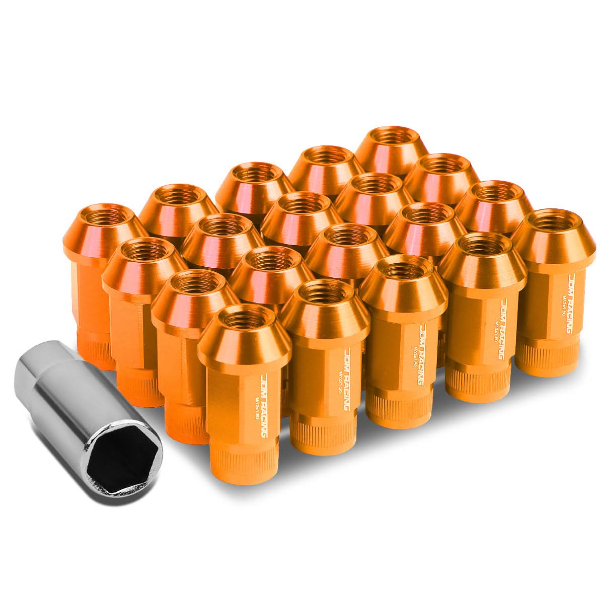 M12x1.5 Aluminum Lug Nuts - 44mm Extended Acorn Knurled - Orange 20pc