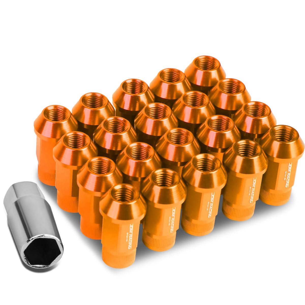 M12x1.5 Aluminum Lug Nuts - 44mm Extended Acorn Knurled - Orange 20pc
