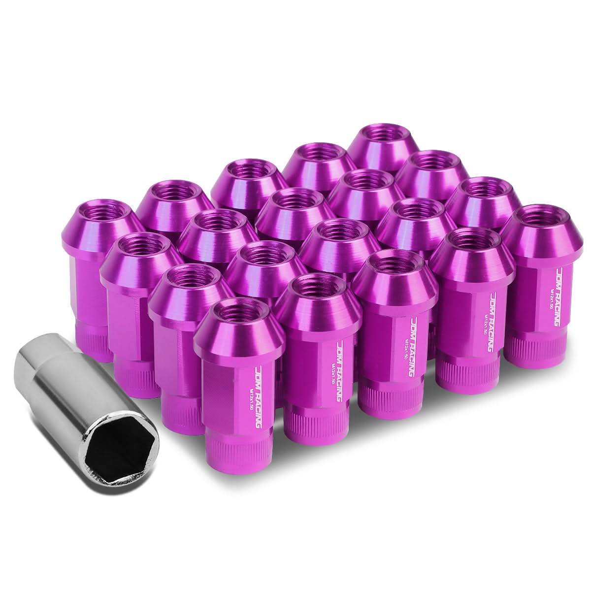 M12x1.5 Extended Acorn Knurled Lug Nuts - 44mm Purple Aluminum 20pc