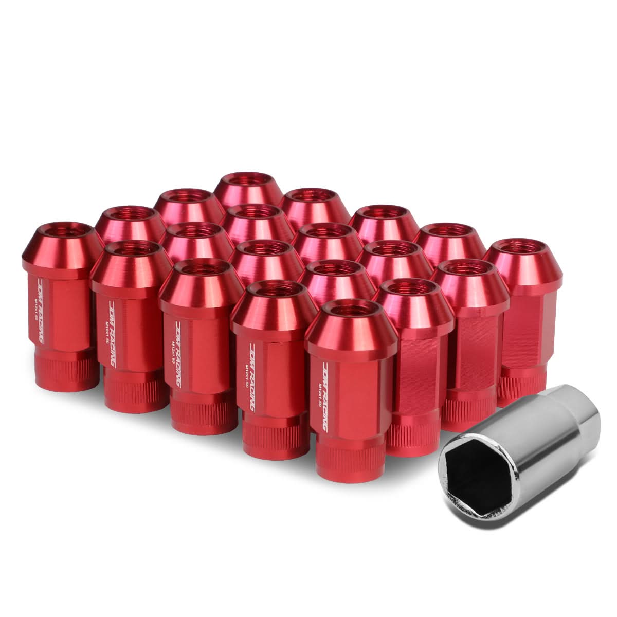 M12x1.5 Aluminum Lug Nuts - Extended Acorn Knurled 44mm - 20pc Red