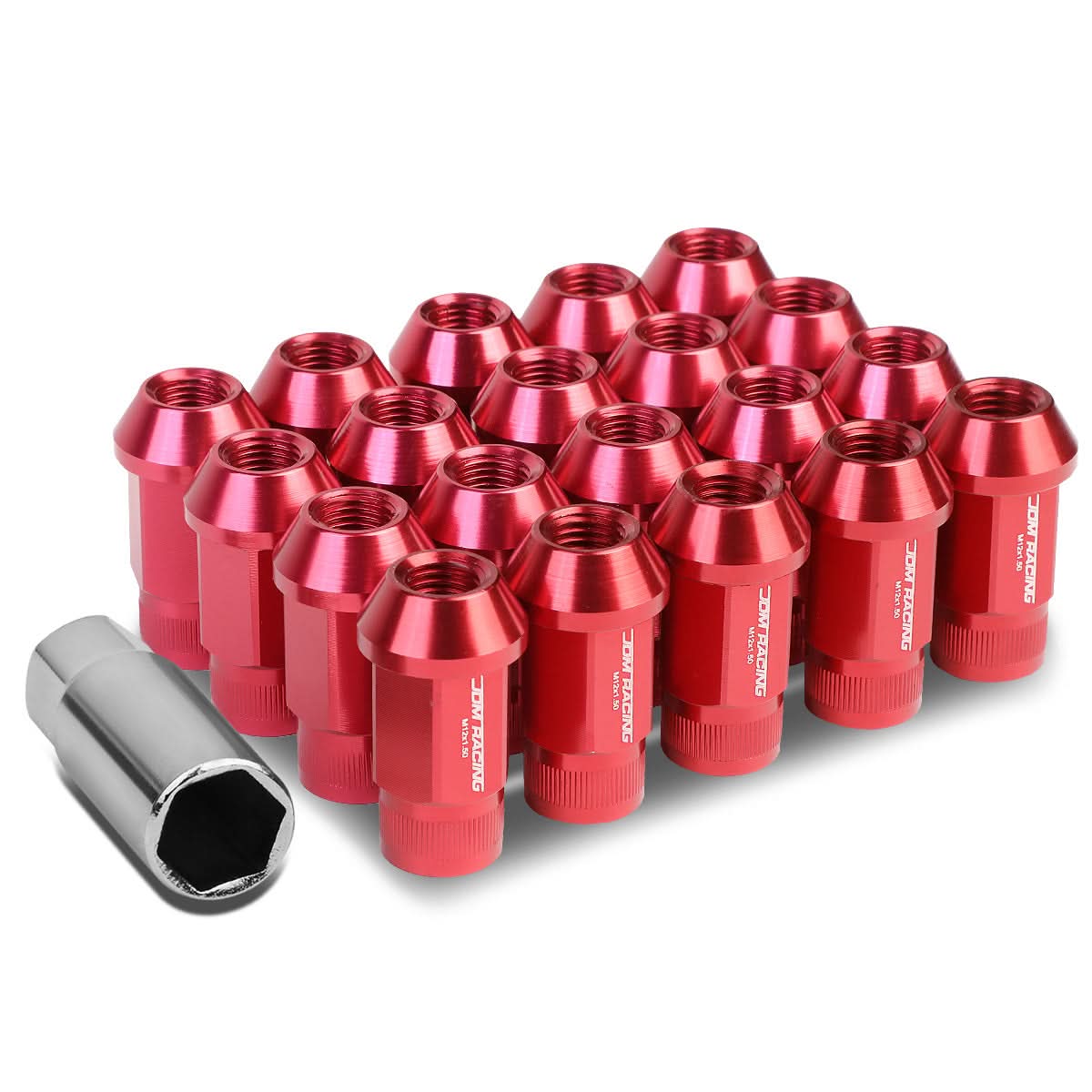 M12x1.5 Aluminum Lug Nuts - Extended Acorn Knurled 44mm - 20pc Red