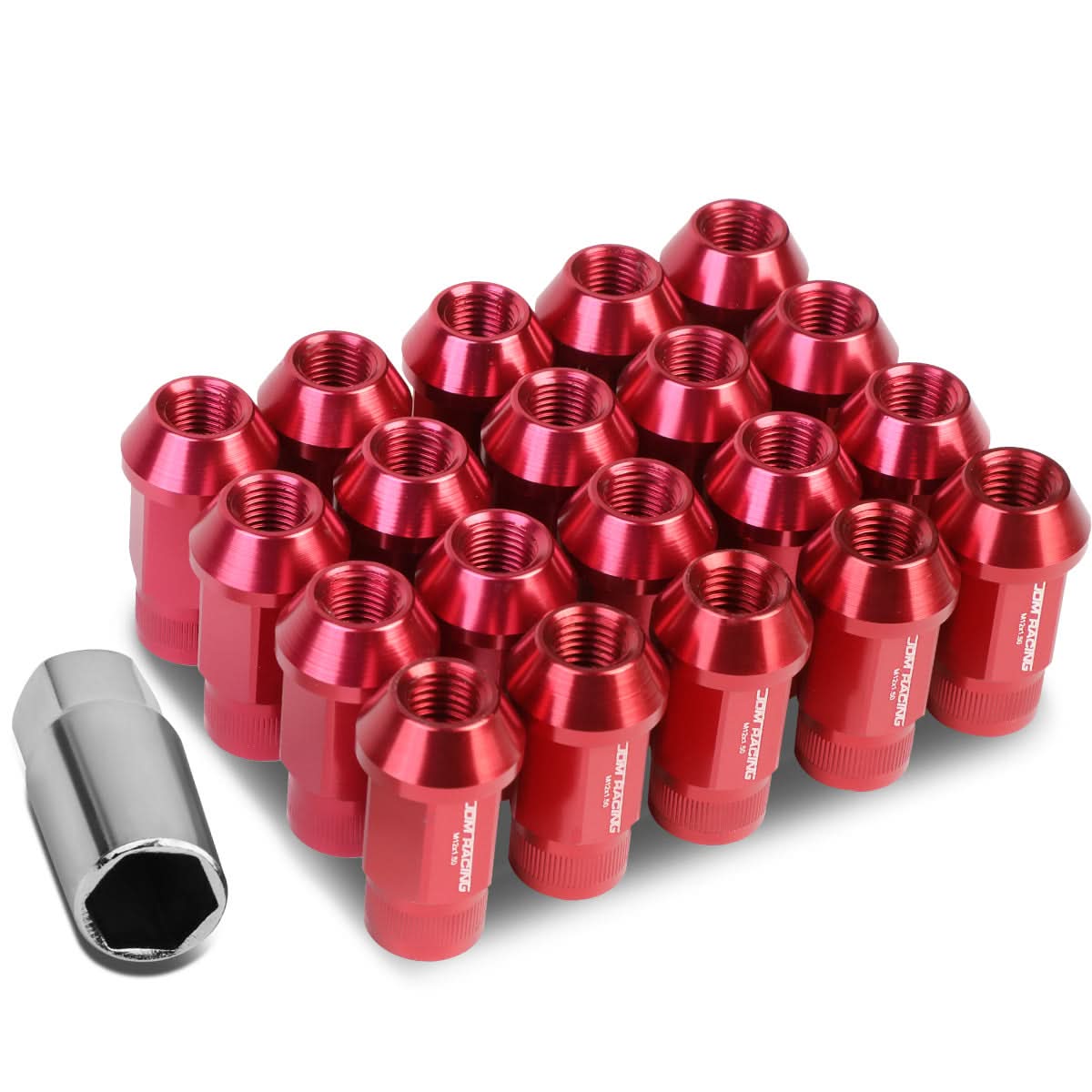 M12x1.5 Aluminum Lug Nuts - Extended Acorn Knurled 44mm - 20pc Red