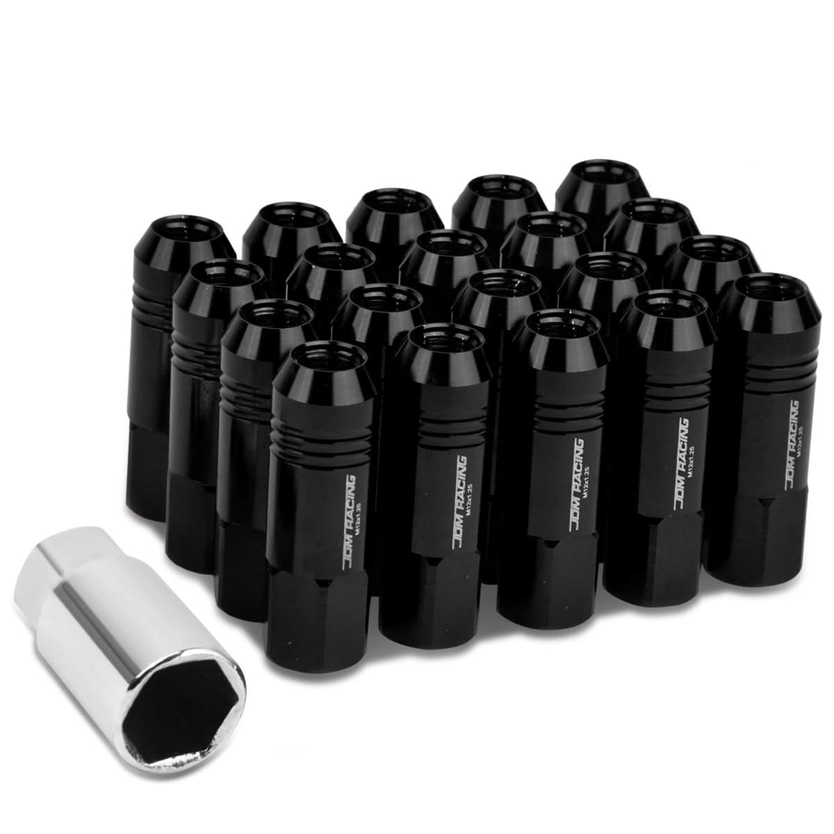 M12 x 1.25 Extended Rib Shank Lug Nuts 20pc Set Black Aluminum