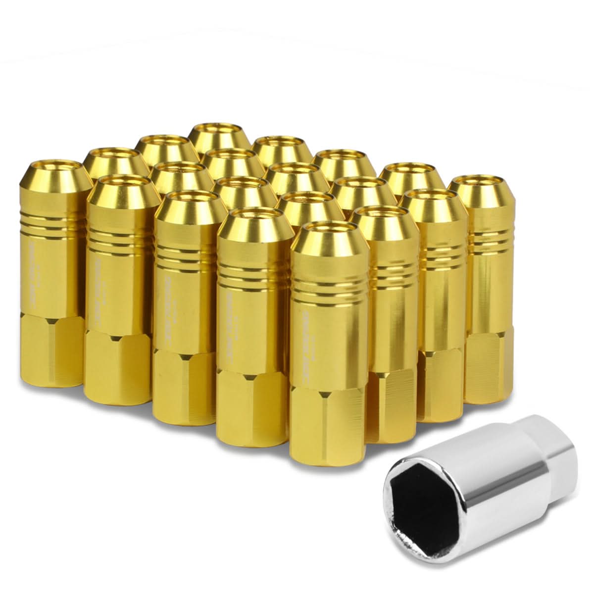 M12 x 1.25 Extended Aluminum Lug Nuts 20pc Set w/ Adapter - Gold