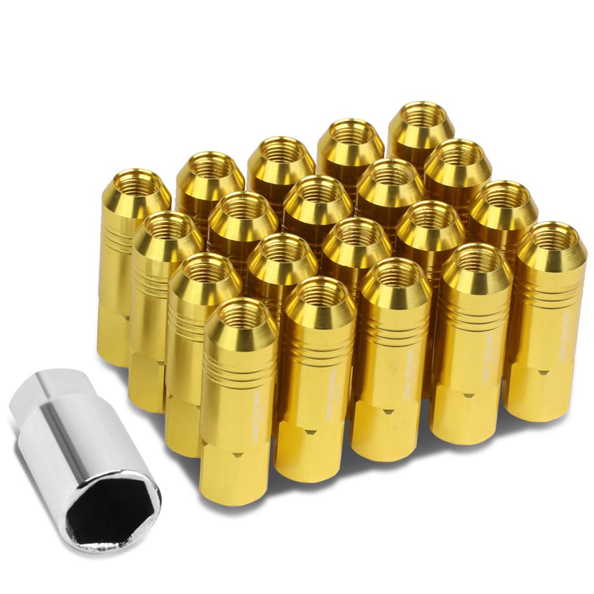 M12 x 1.25 Extended Aluminum Lug Nuts 20pc Set w/ Adapter - Gold