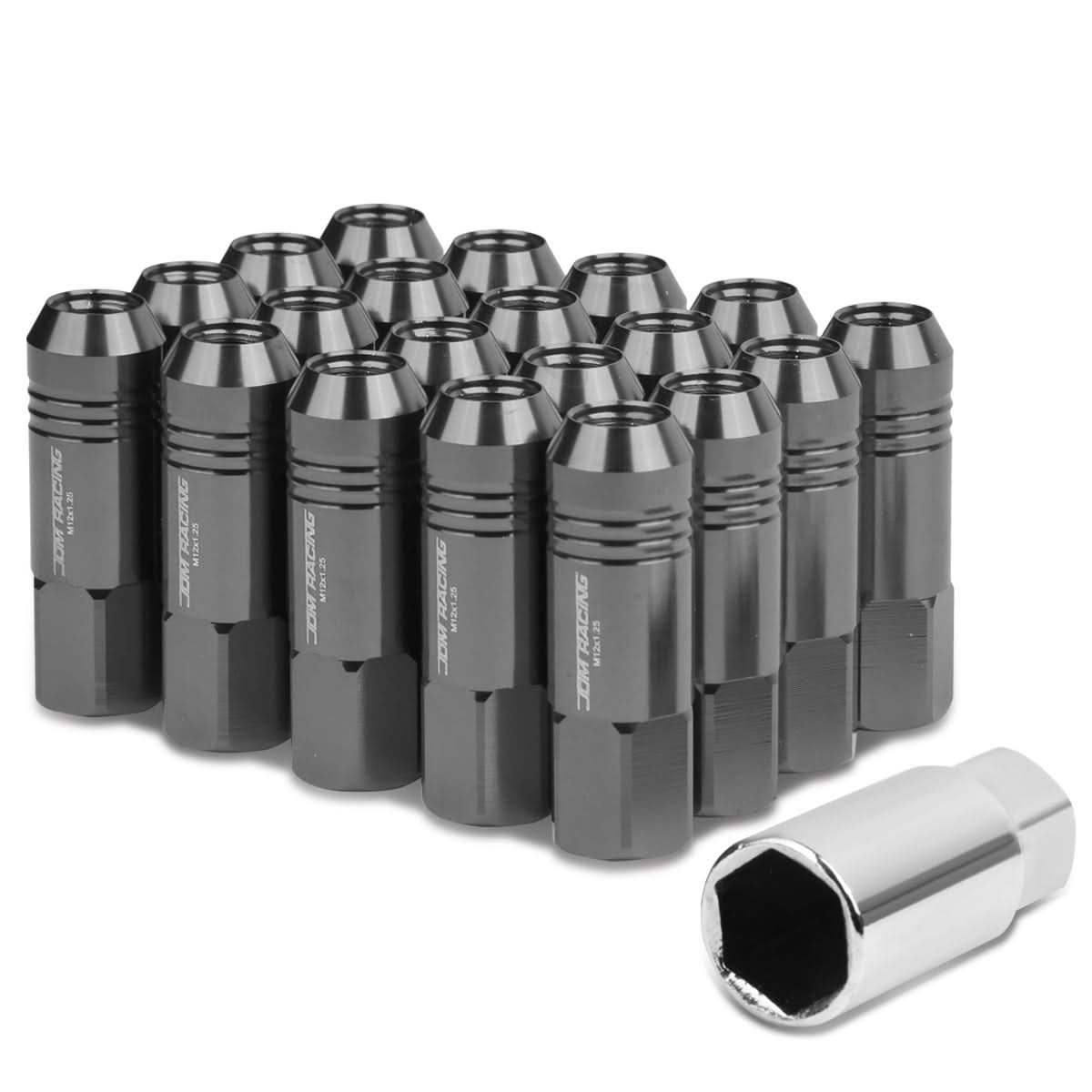 M12 x 1.25 Extended Rib Shank Lug Nuts 60mm Gun Metal Aluminum 20pc