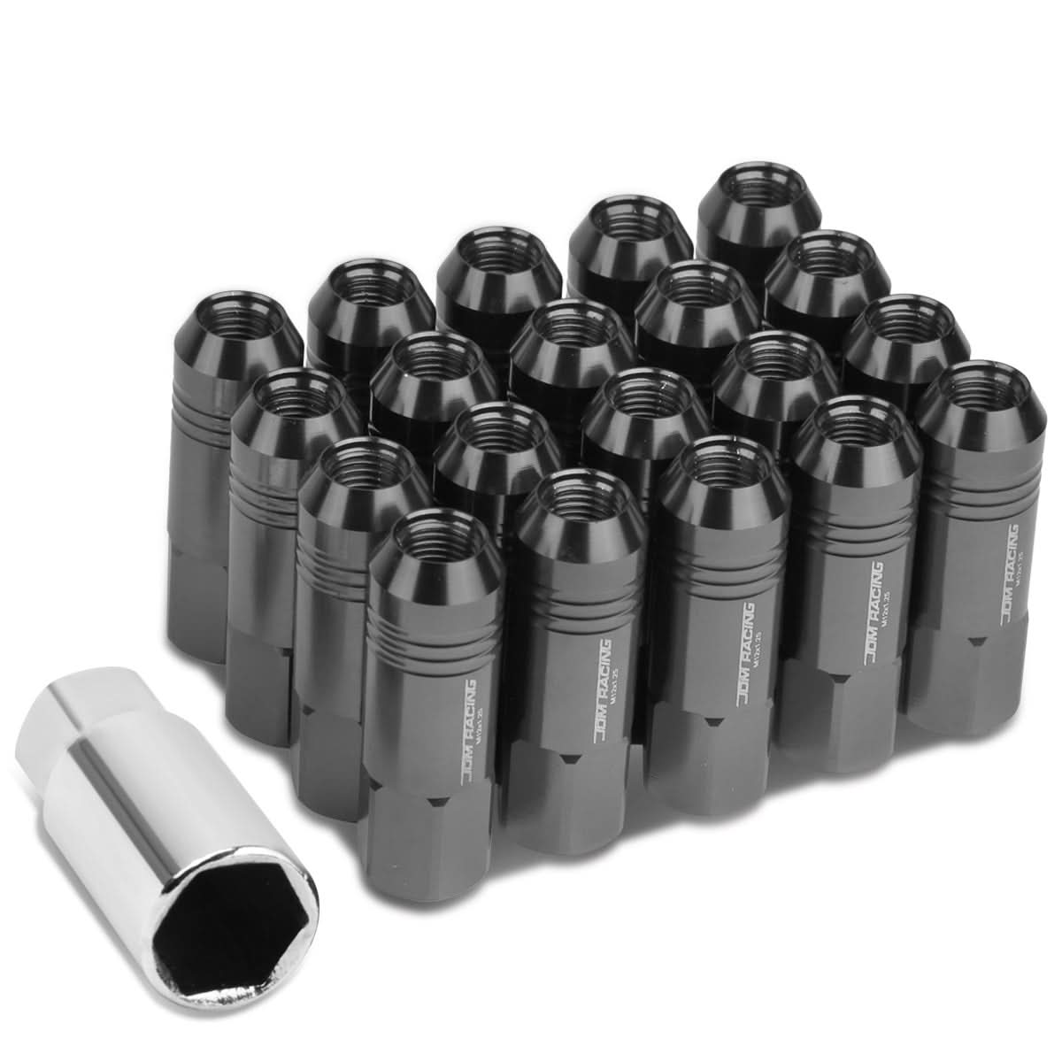 M12 x 1.25 Extended Rib Shank Lug Nuts 60mm Gun Metal Aluminum 20pc