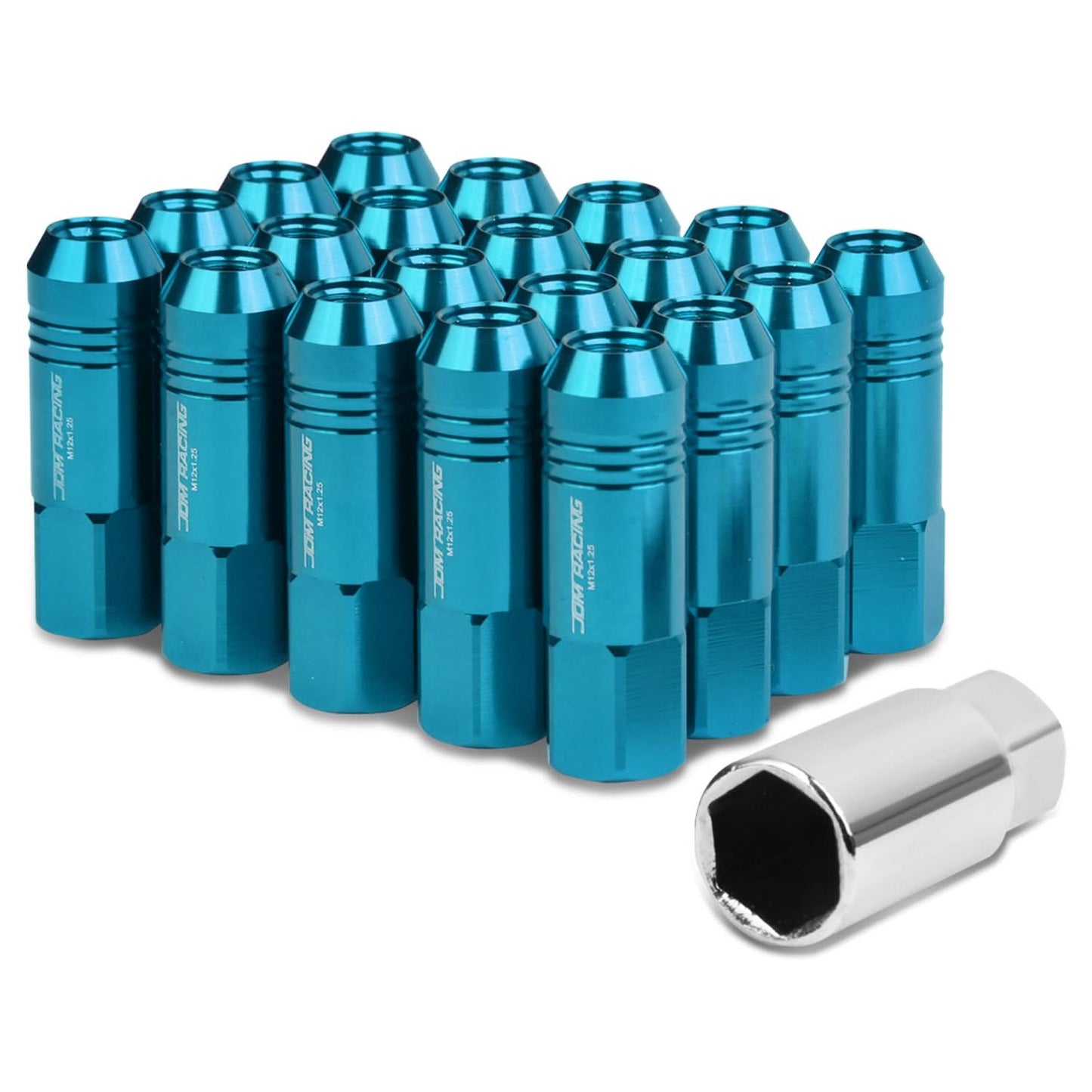 M12 x 1.25 Aluminum Lug Nuts Extended 60mm 20pc Set Light Blue