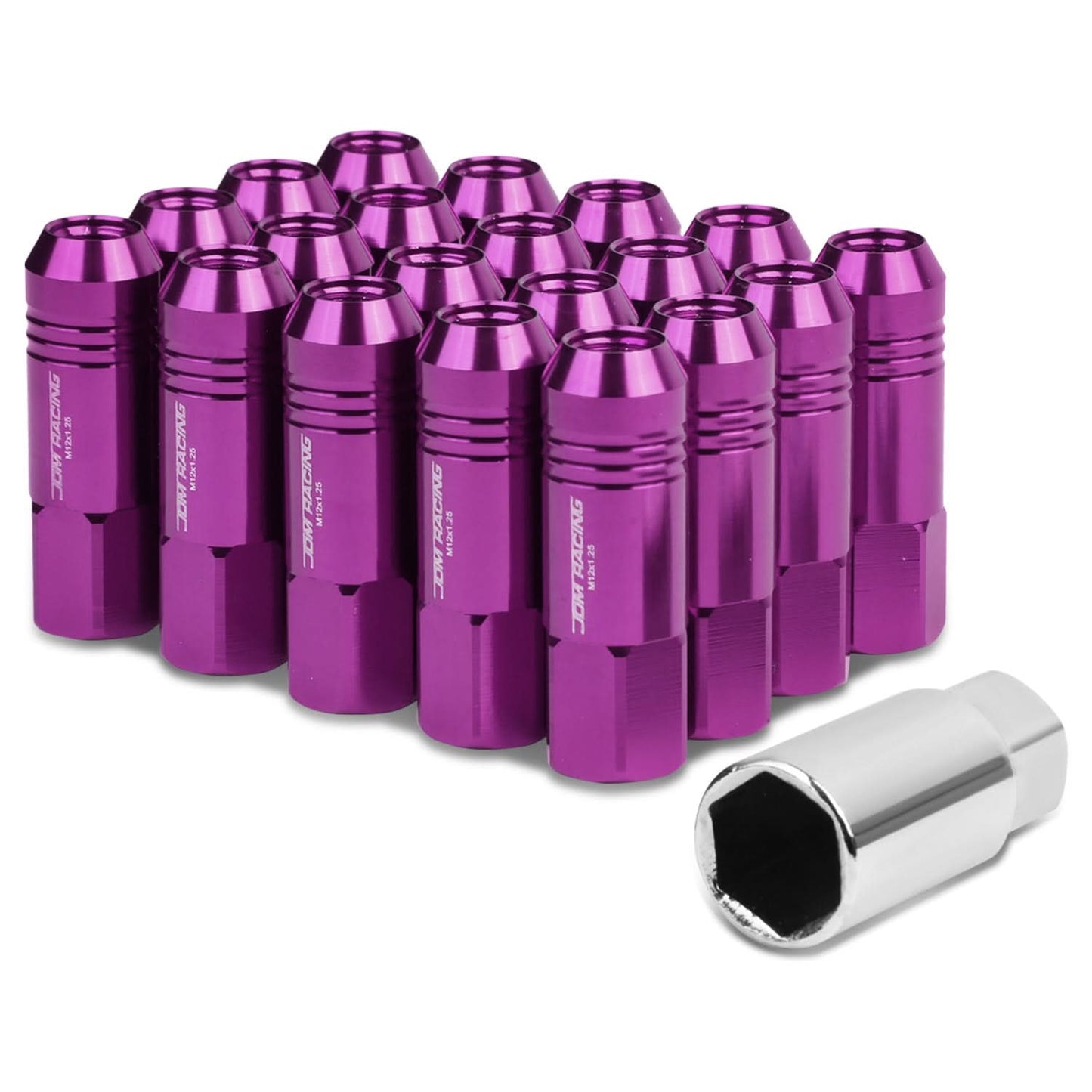 M12 x 1.25 Extended Purple Aluminum Lug Nuts - 20 Pack with Adapter